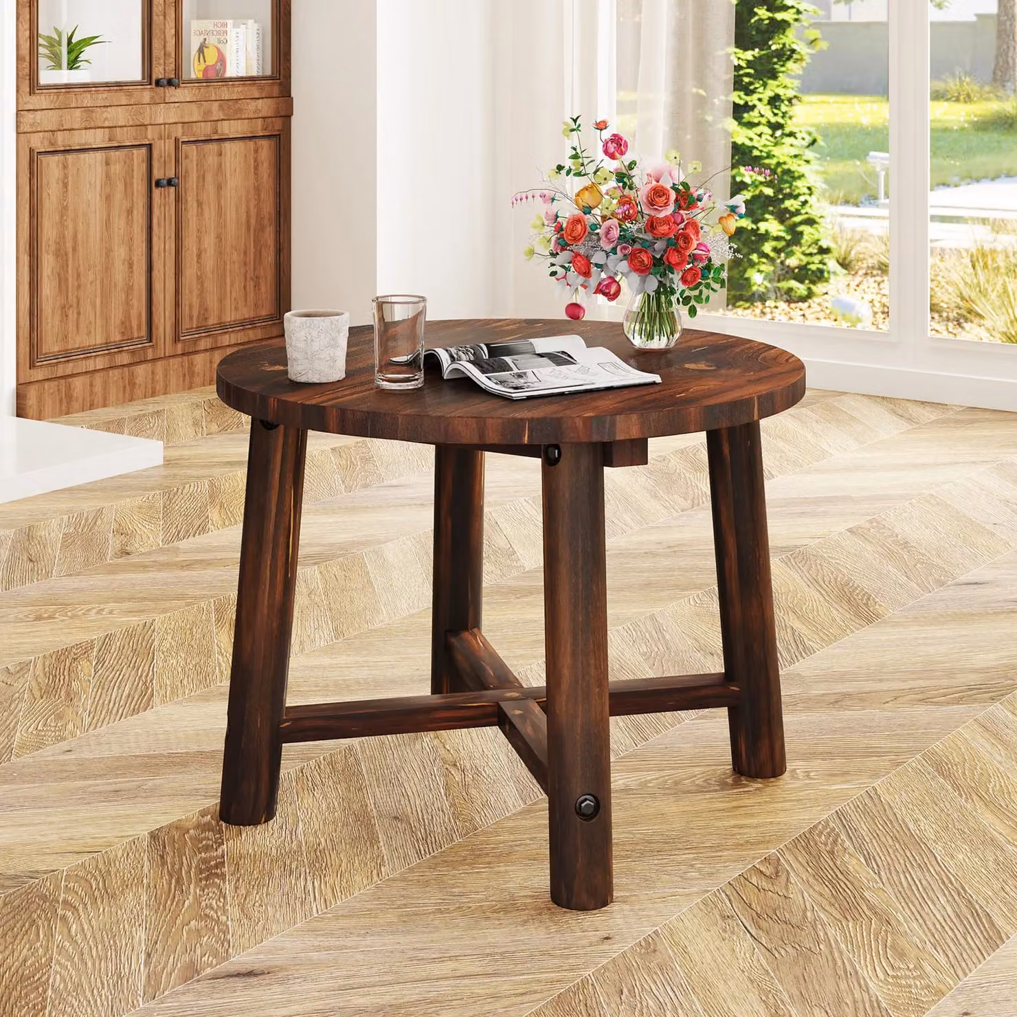 Costway Round Outdoor Side Table with Solid Wood Structure in Brown – 6