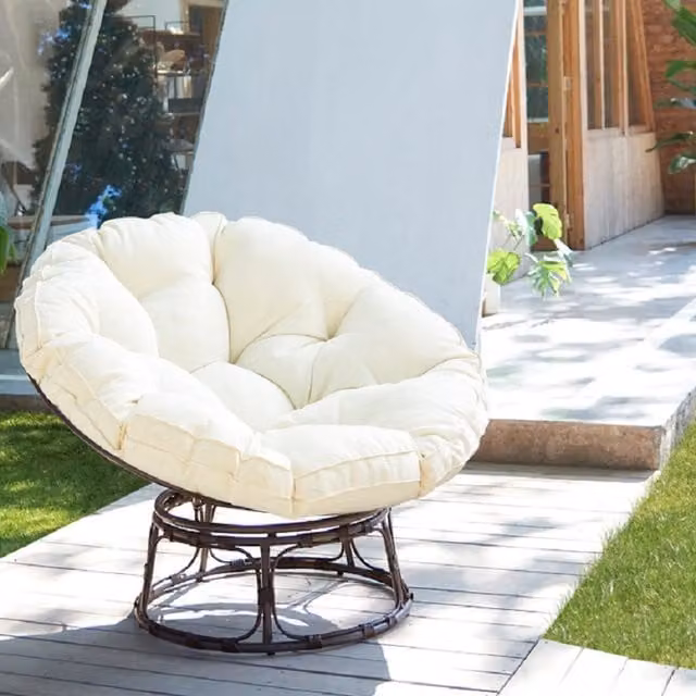 Fresno Rattan Swivel Moon Chair with Cream Cushion
