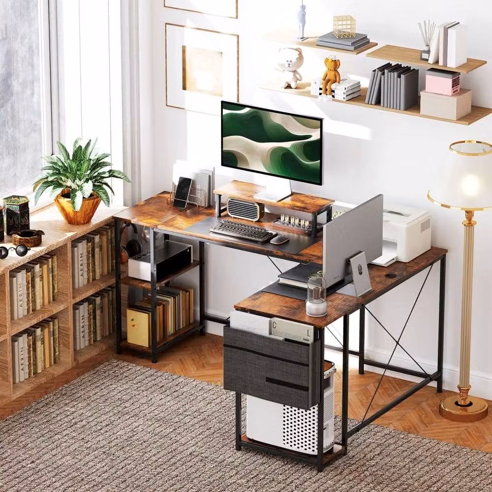 Wyld Haus Lesano 168cm Rustic Reversible L Shaped Corner Desk with Monitor Stand and Shelves in Brown – 9