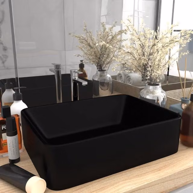 Berkfield Home Luxury Ceramic Rectangular Wash Basin in Matt Black, W: 41 cm, D: 30 cm, H: 12 cm – 1
