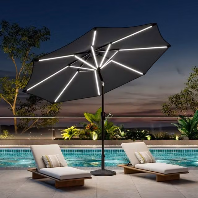 Breeins Outdoor Parasol with LED Strips and Grey Floral Pattern Composite Resin Base