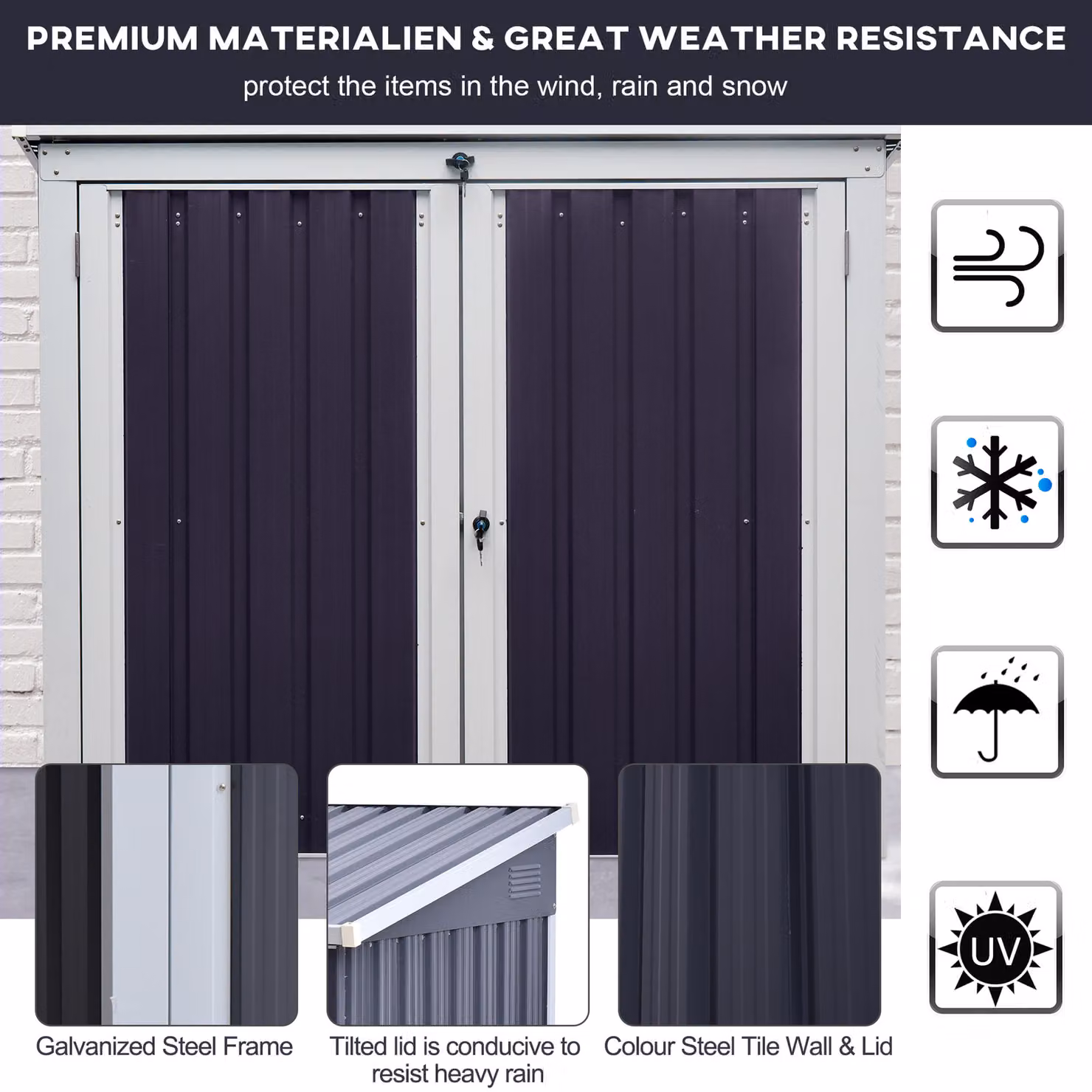 Outsunny Black Corrugated Steel 2-Bin Garden Rubbish Storage Shed with Locking Doors and Lid – 6