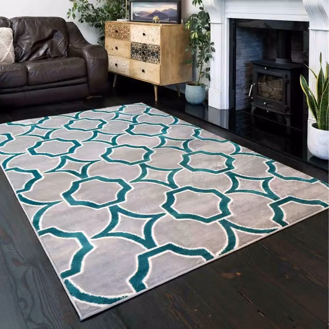The Rug House Geometric Modern Area Rug in Green and Grey, W: 170 cm, D: 120 cm