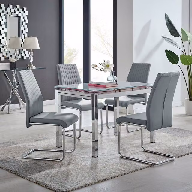Furniturebox Enna White Glossy Glass Extending Modern Kitchen Dining Table and 4 Lorenzo Grey Chairs