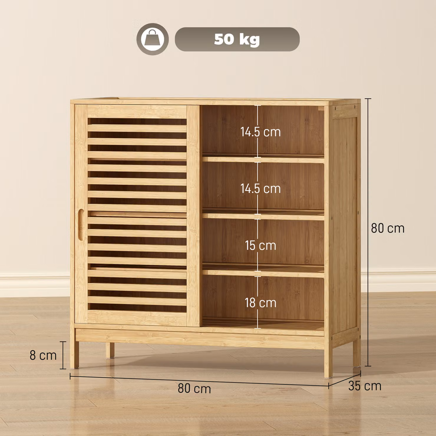 HOMCOM Bamboo Shoe Cabinet with 2 Sliding Slat Doors, 16 Pairs Capacity, Adjustable Shelves, Beige and Brown – 3