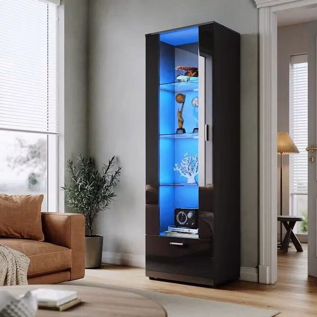 FORGEVIO Modern High Gloss Black Display Cabinet with Glass Doors and Internal Shelves, W/D/H: 40 x 40 x 187 cm – 1