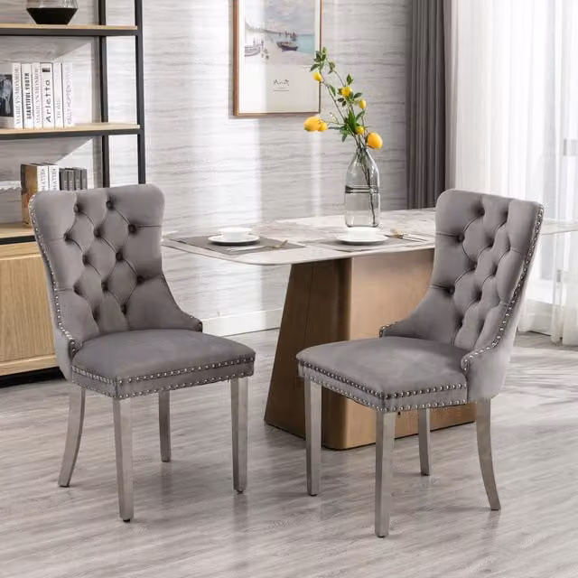 HomeTouch Set of 2 Luxe Velvet Dining Chairs with Steel Legs and Pull Knocker Ring in Grey