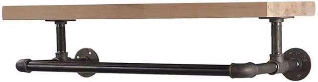 Garden Sanctuary Industrial Wall Mounted Floating Shelves with Hanging Rod in Brown