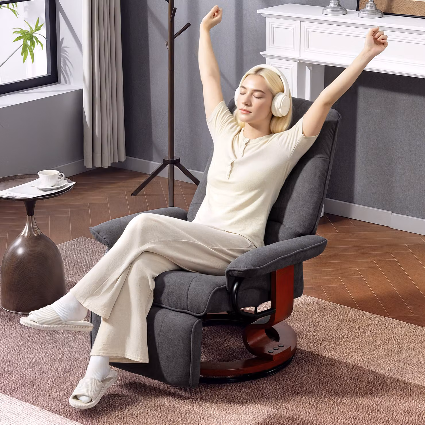 HOMCOM Grey Fabric Reclining Swivel Chair with Footrest and Armrests – 6