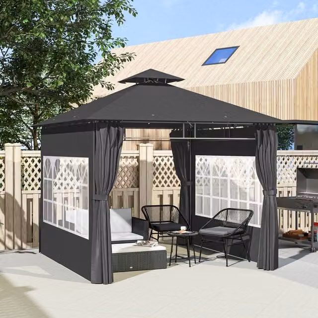 Outsunny Double Roof Garden Gazebo with Windows, Dark Grey, W/D/H: 300 x 300 x 300 cm