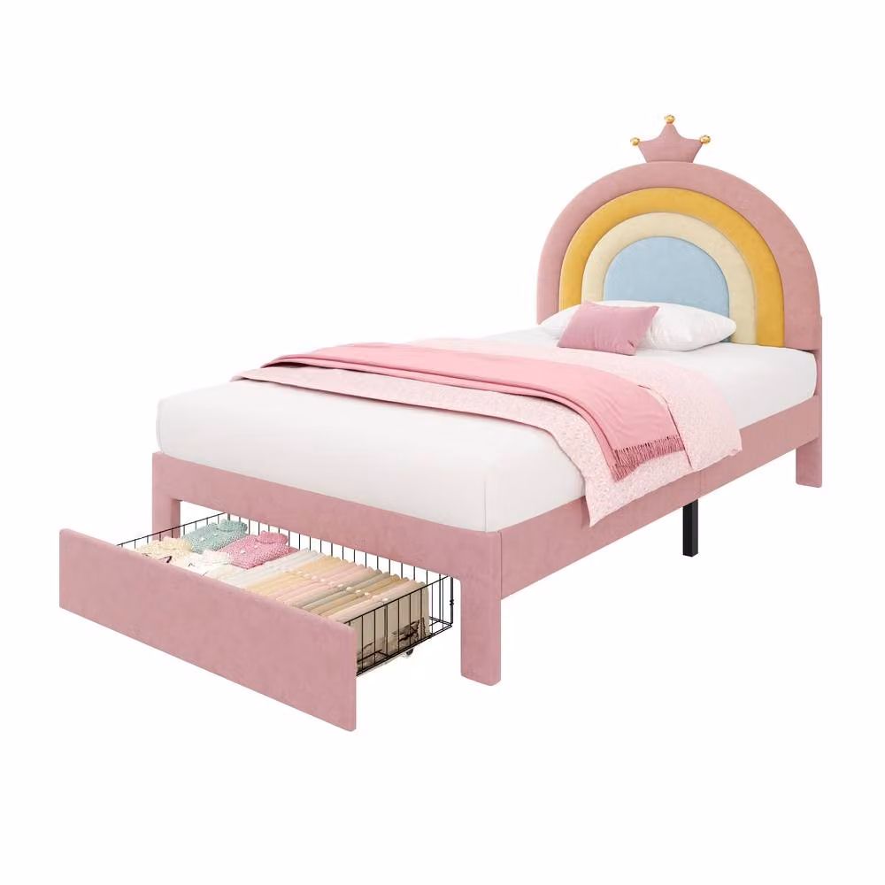 Rolipo Pink and Multicolour Velvet Rainbow Childrens Bed with Storage Drawer and Crown, W/D/H: 140 x 200 cm – 2