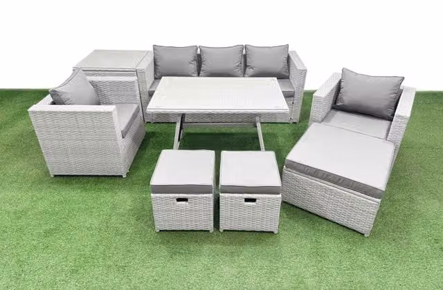 Fimous 9 Piece Outdoor PE Rattan Sofa Armchair Set with Side Table and 3 Stools in Light Grey