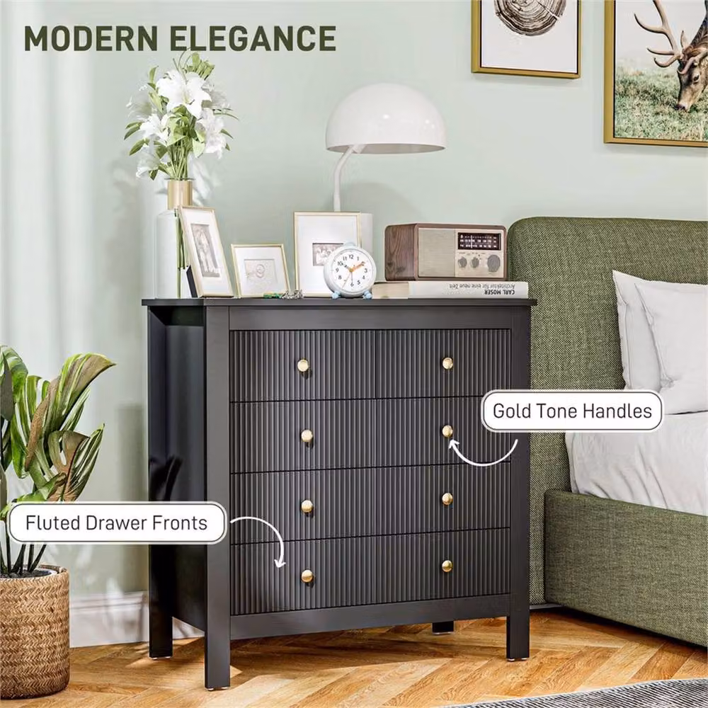 Nordara Fluted Black Bedroom Chest with 5 Drawers and Gold Tone Handles W: 160 cm, D: 60 cm – 5