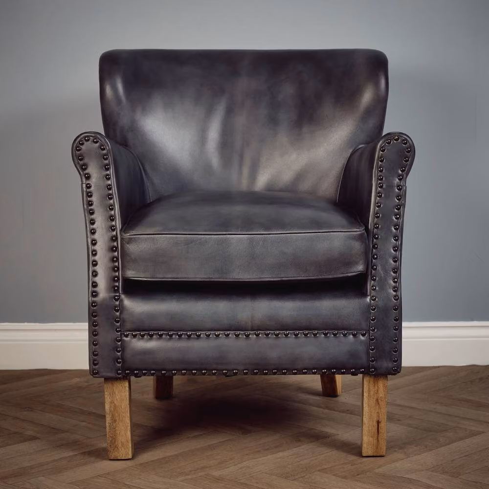 Elm Home And Garden Grey Genuine Leather Aviator Wing Tub Armchair with Solid Wood Frame – 2