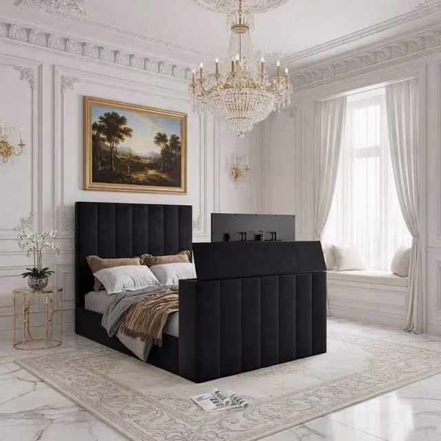 KDMD Ardley Bespoke Upholstered Velvet Double Bed Frame with Lift Up Base in Black, W/D/H: 140 x 200 cm