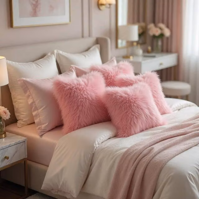 Luxor Living Set of 4 Square Faux Fur Cushions in Pink, W/D/H: 43 x 43 x 43 cm