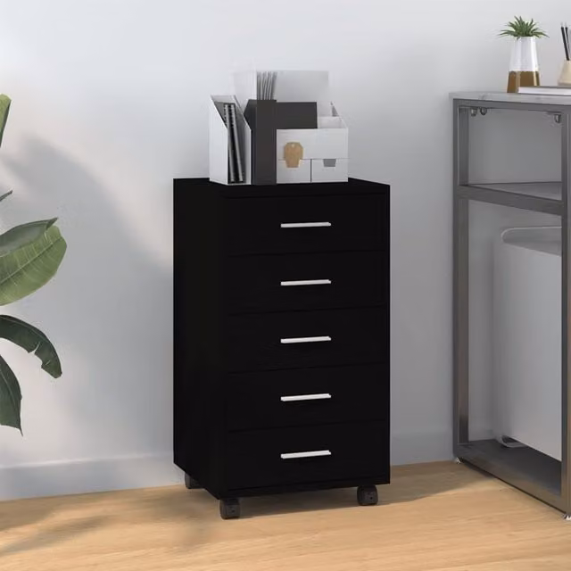 Berkfield Home Black Matt Engineered Wood Drawer Cabinet with Castors – 1