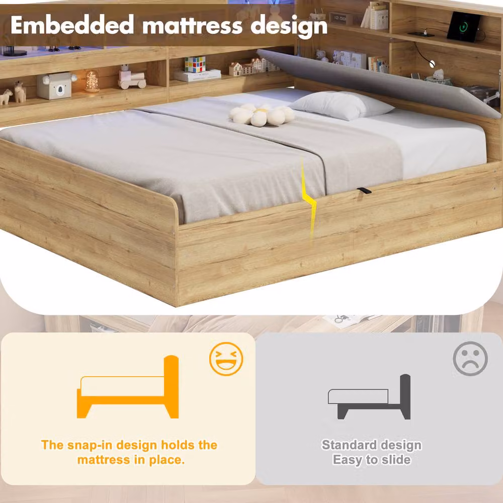 BTM Natural Solid Wood Double Daybed with Hydraulic Storage, LED Lighting and USB Charging Port, W/D/H: 140 x 200 x 95 cm – 5