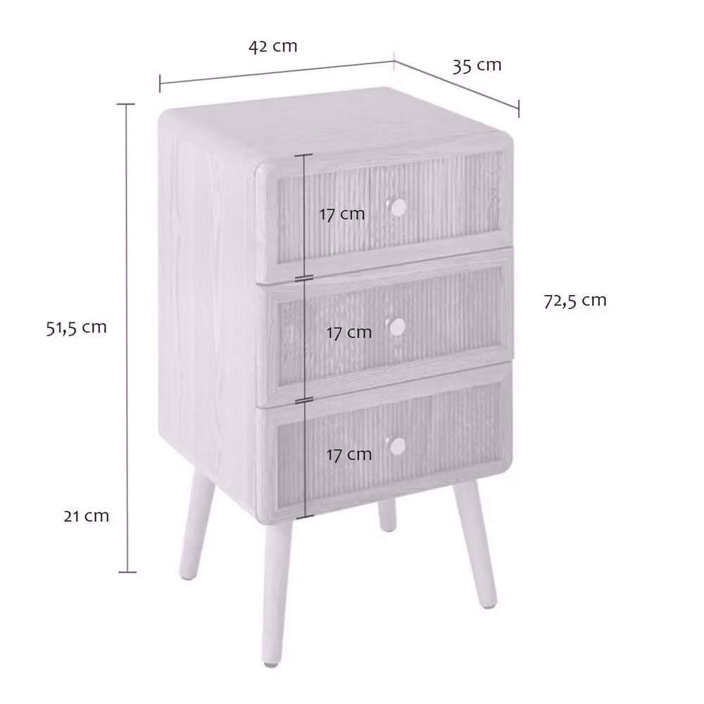 CALICOSY 3-Drawer Bedside Table with Slatted Fronts in Light Brown, Height: 71 cm – 3