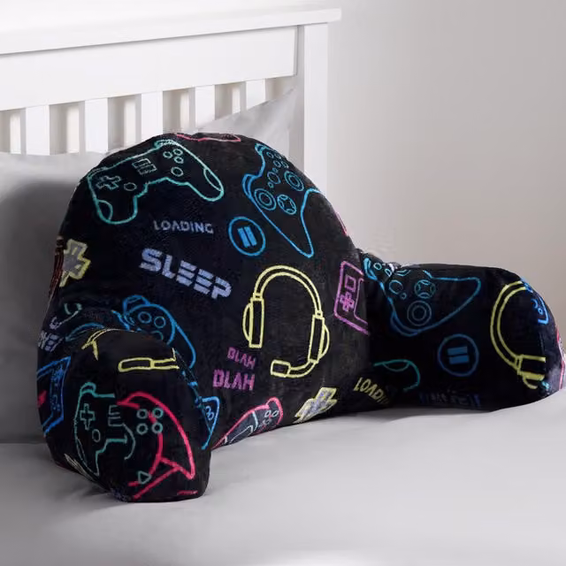 OHS Kids Gaming Cushion Bed Pillow with Contoured Wedge Support and Fleece Arms in Black – 1