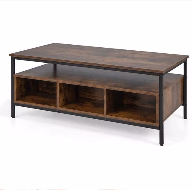 COSTWAY Industrial Rectangular Coffee Table in Brown Wood and Metal
