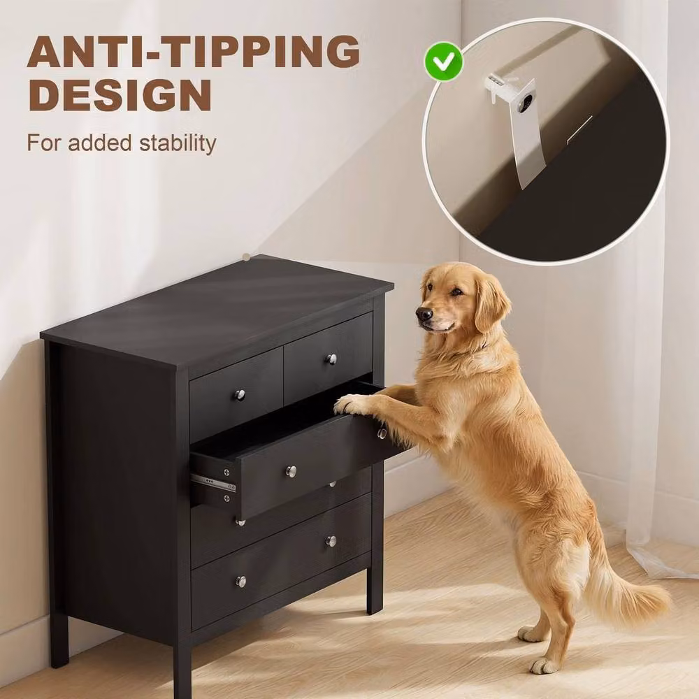 NESTLUNE Modern 5 Drawer Chest of Drawers in Black – 5