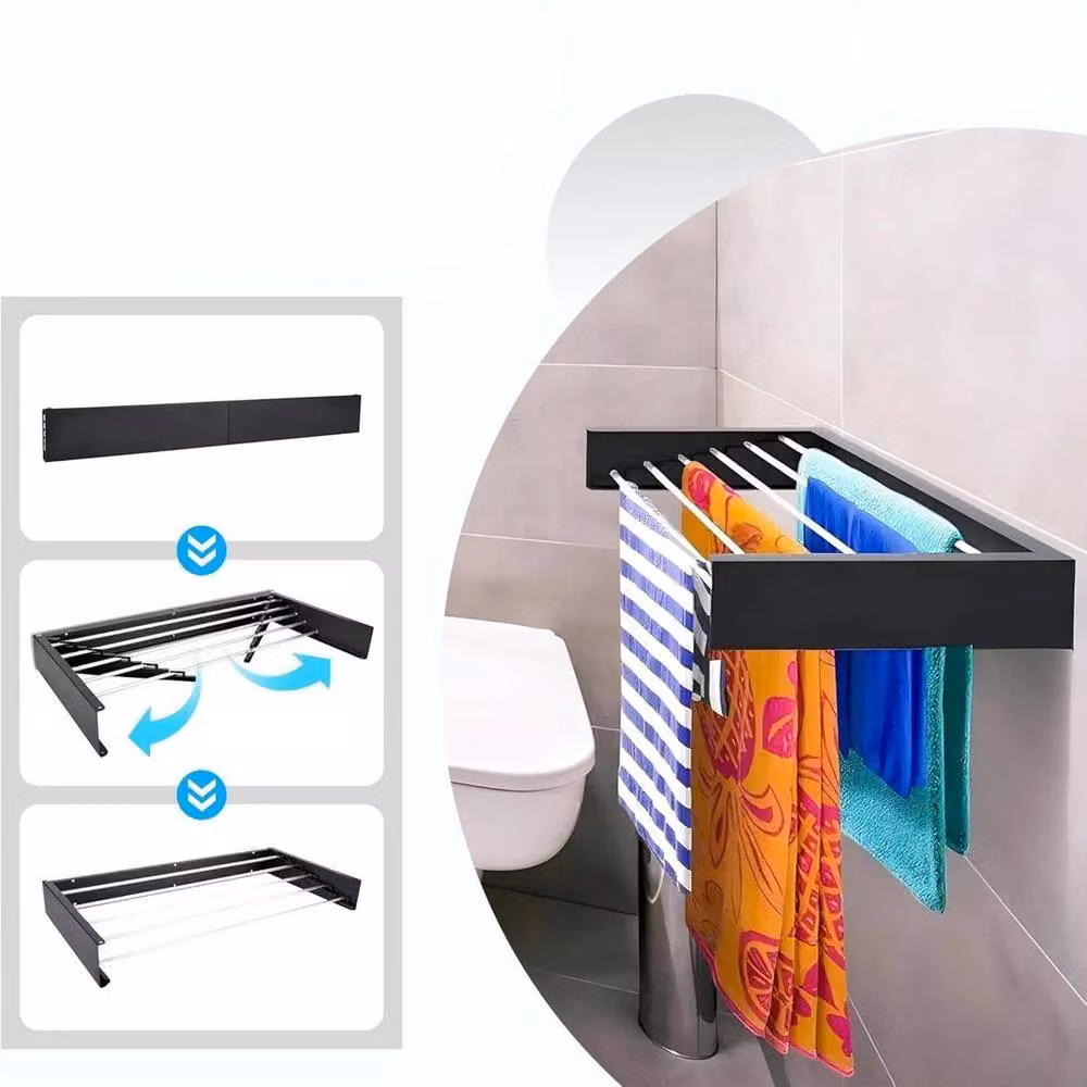 KORVIXA Wall Mounted Foldable Airer Towel Drying Rack, Black – 4