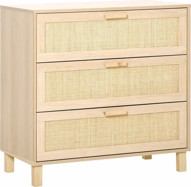 HOMCOM Scandinavian Style 3-Drawer Beige Rattan and MDF Storage Unit for Bedroom or Living Room