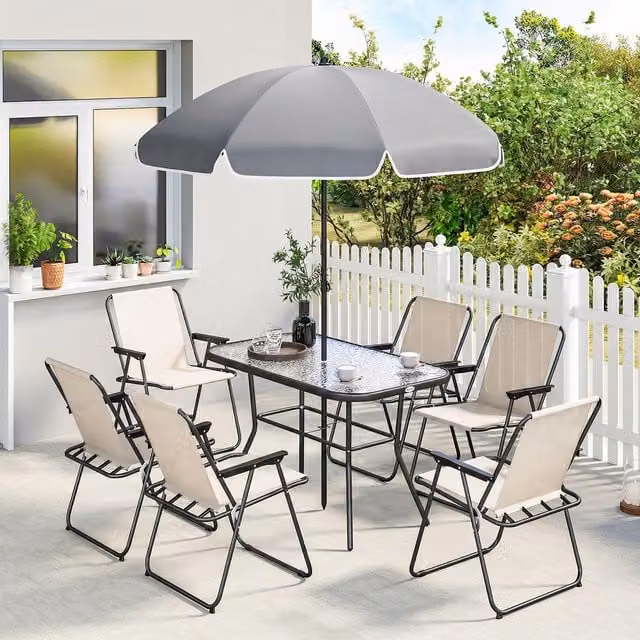 Outsunny 8 Piece Modern Garden Dining Set with Rectangular Glass Table and Folding Chairs in Beige and White