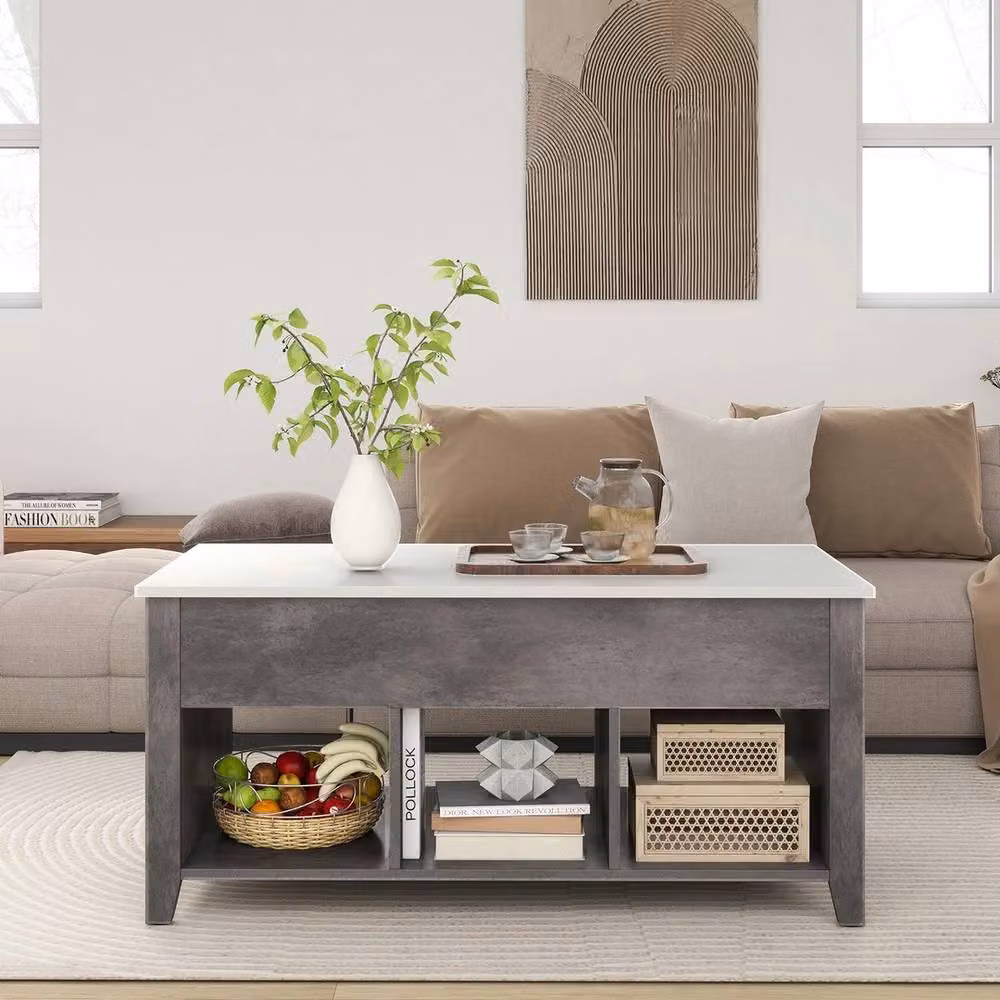 VOGREX Grey Modern Lift Top Coffee Table with 3 Storage Cubes – 4