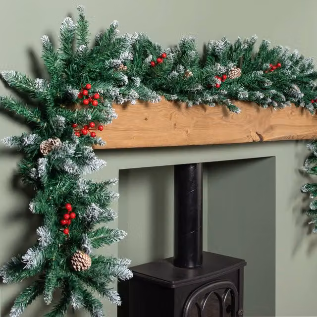 Samuel ALEXANDER 2.7m Snow Tipped Christmas Garland with Red Berries and Cones in Green and Red – 1