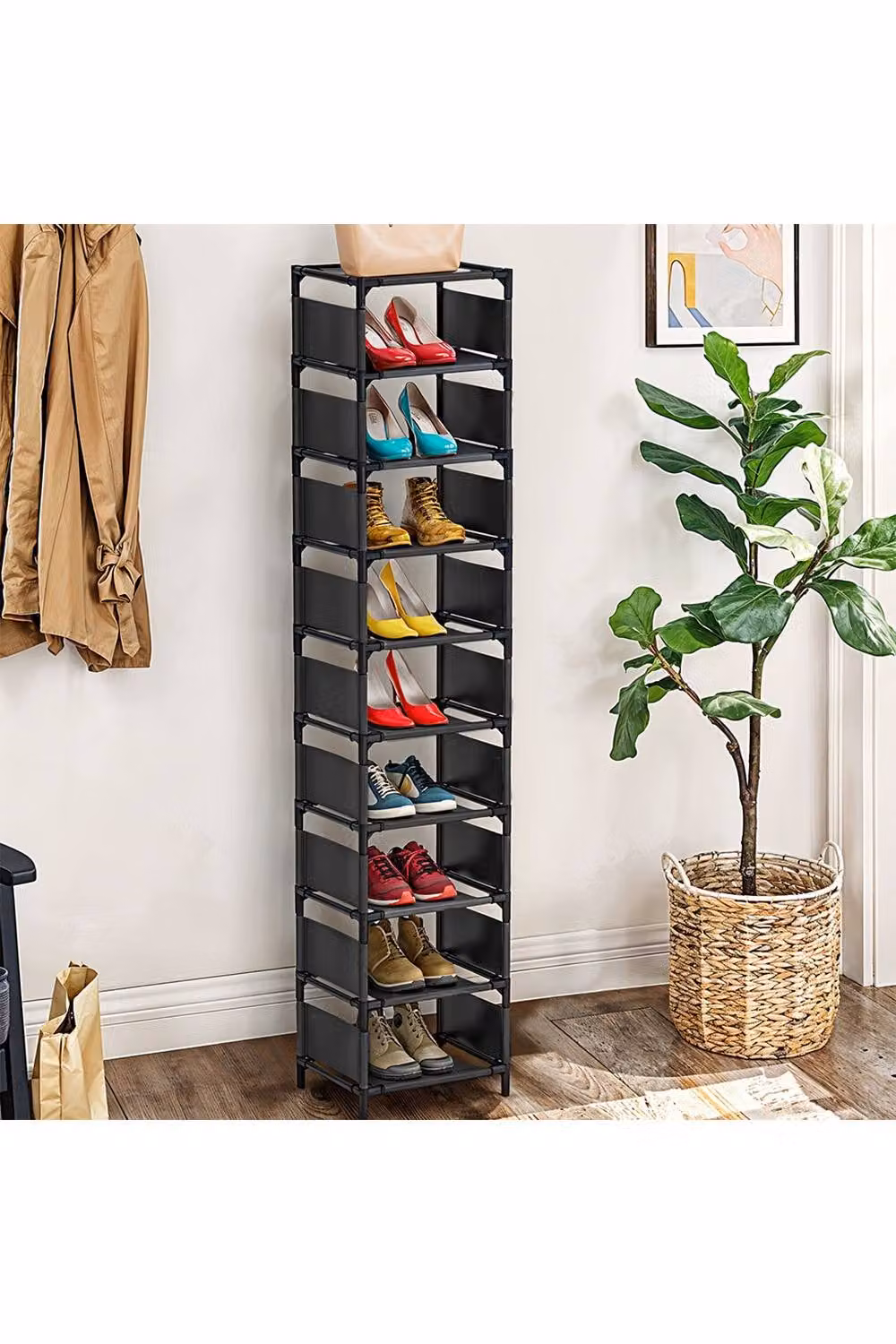 Living and Home 10-Tier Freestanding Metal and Fabric Shoe Rack in Black – 2