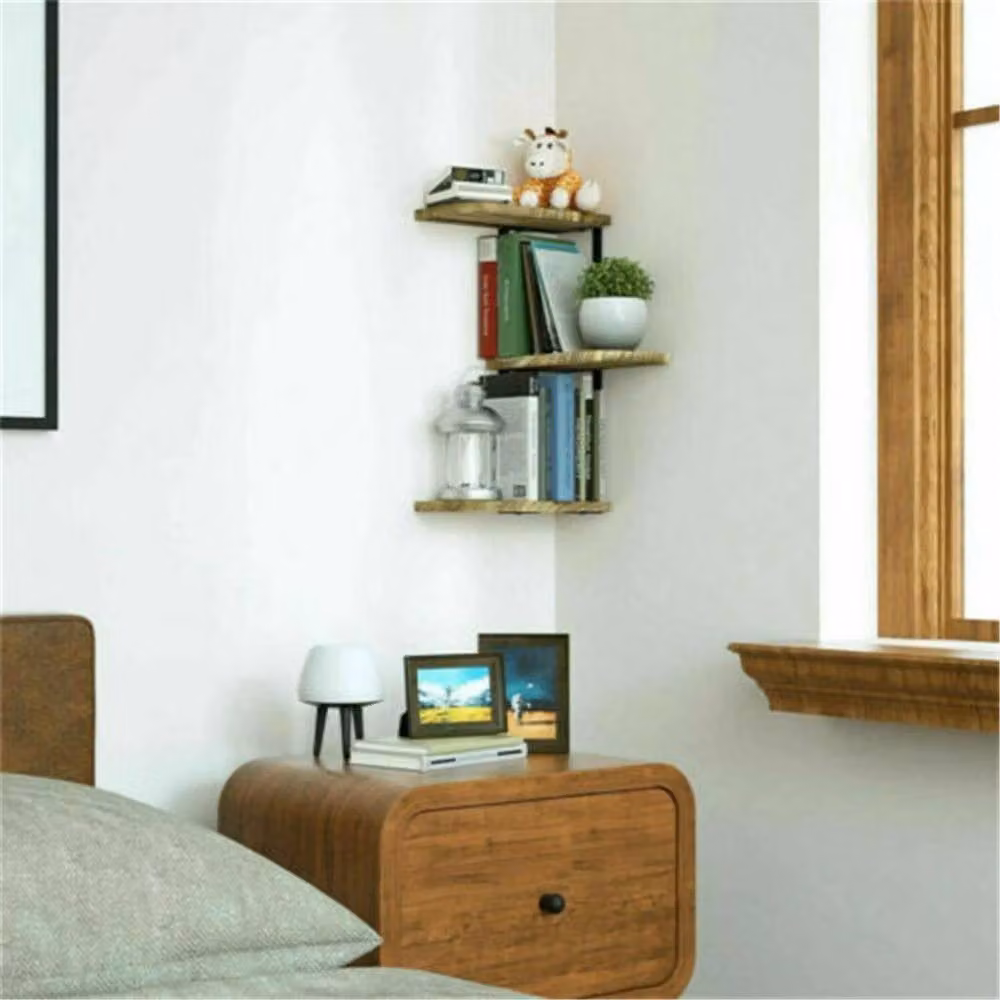 Havendro Rustic 3 Tier Corner Wood Floating Shelf in Brown and Black – 4