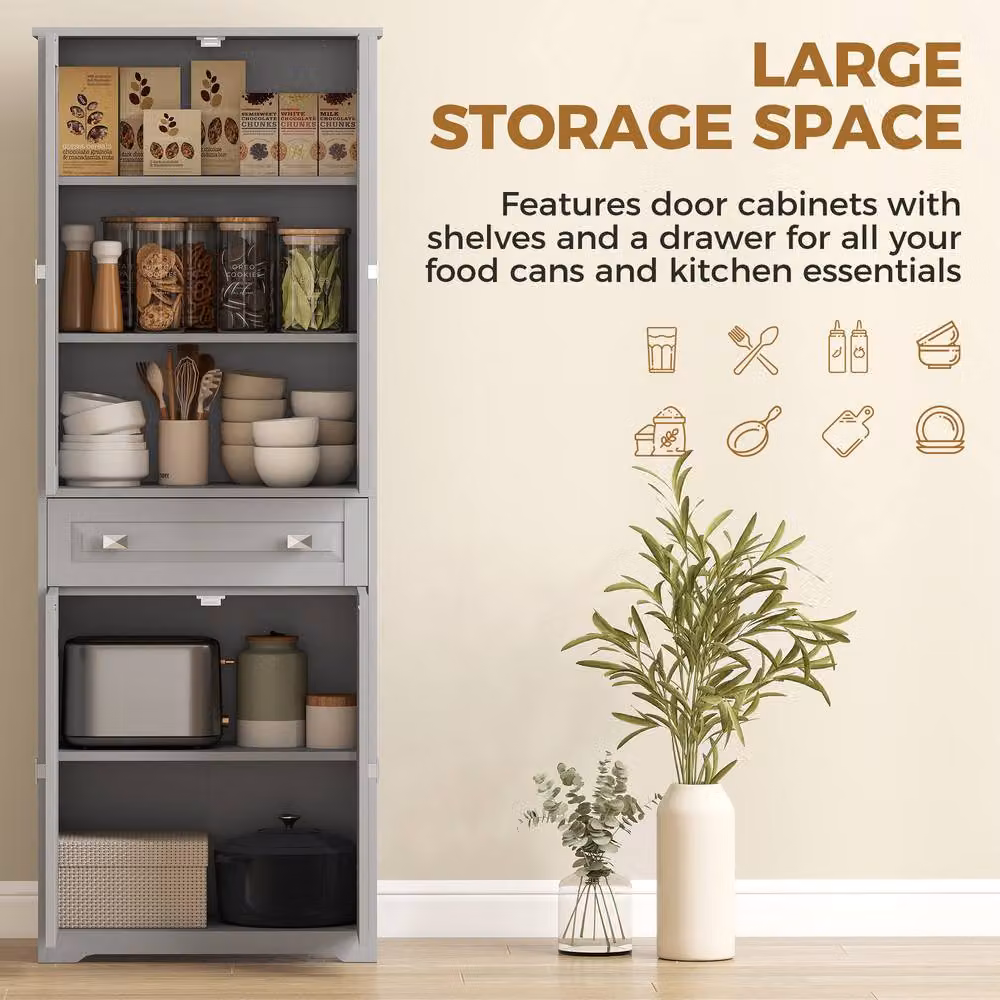 STILVORA Grey Tall Kitchen Storage Cabinet with Glass Doors and Internal Shelves, H: 160 x W: 60 x D: 30 cm – 4