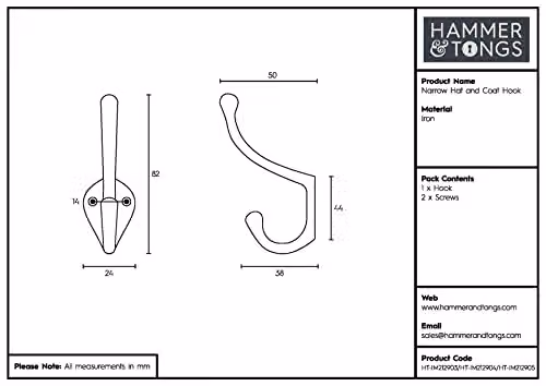 Hammer and Tongs Matt Black Powder-Coated Iron Narrow Hat and Coat Wall Hook, Pack of 5 – 5