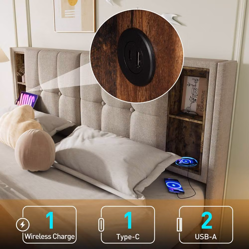 Rolipo King Size Upholstered Storage Bed with Wireless Charging and USB Port in Sand/Beige, W/D/H: 150 x 200 x 25 cm – 3