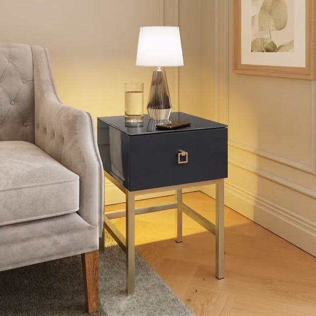 Frank Olsen Lyra Modern Side Table in Black and Purple with Glass and Metal Finish
