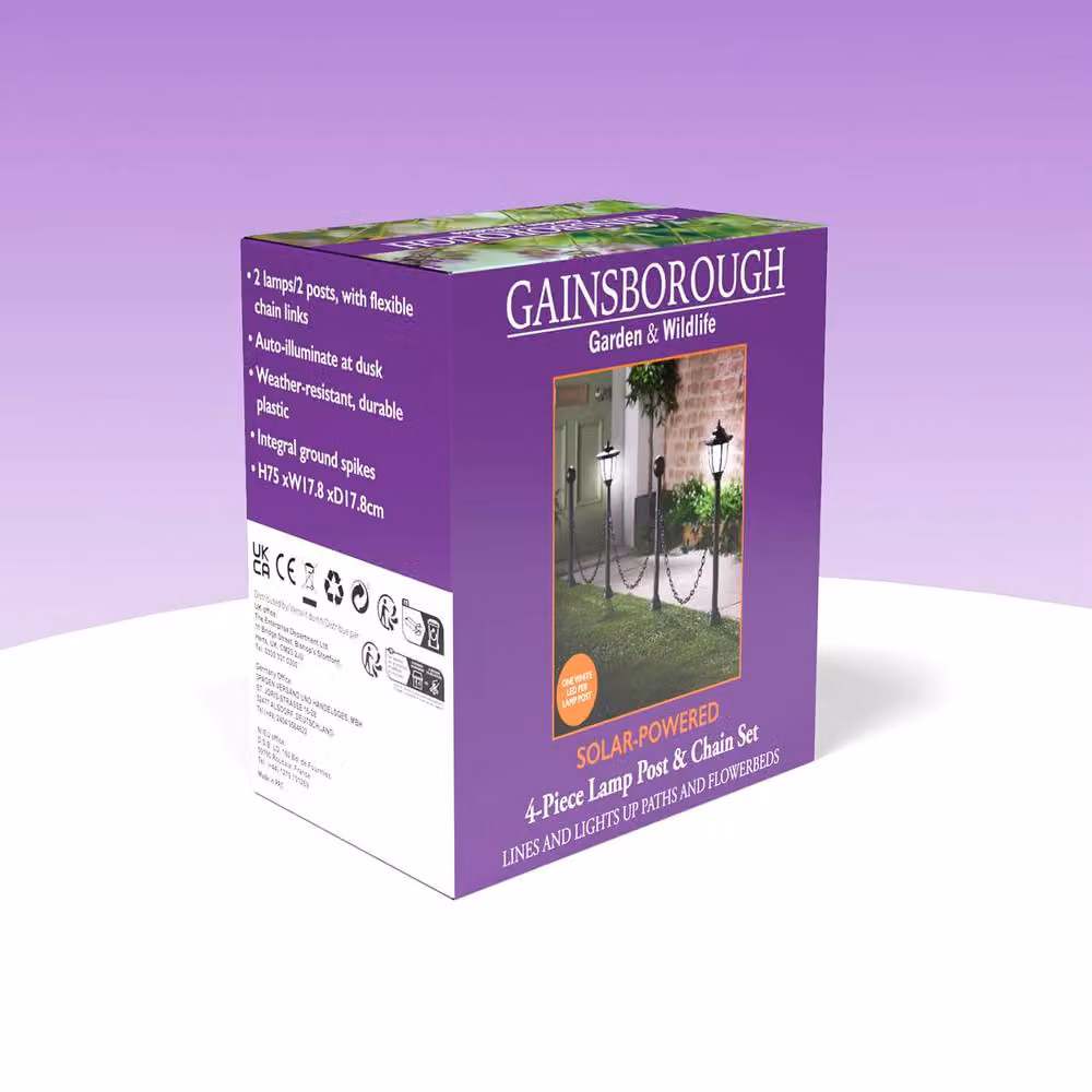 Coopers of Stortford Gainsborough 4-Piece Solar-Powered LED Lamp Post and Chain Garden Border Set in Black – 3
