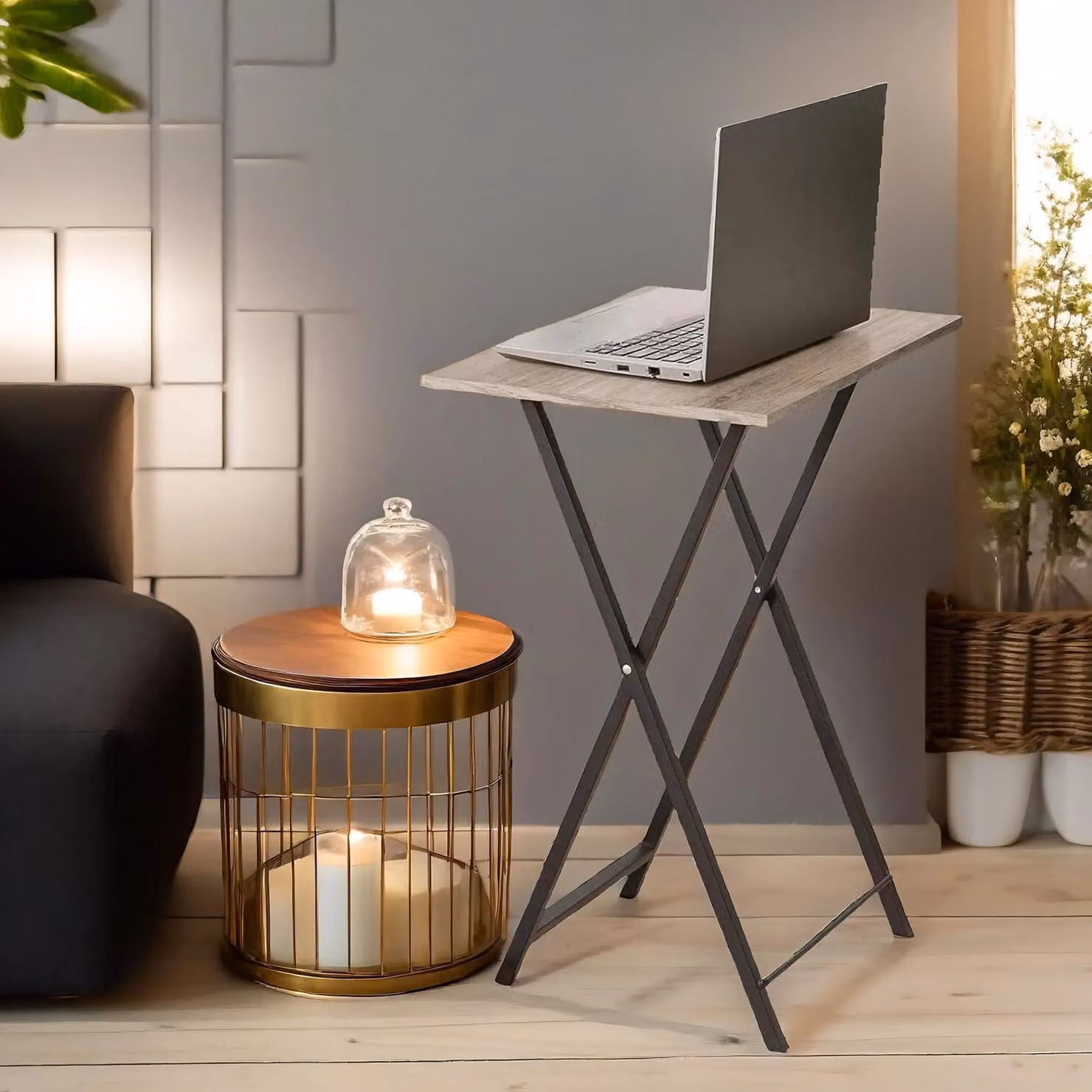 Rafaelo Mobilia Set of 2 Small Grey Folding Tables with Rectangular MDF Laminate Tops and Metal X-Frame Legs, W/D/H: 66.5 x 36 x 36 cm – 2