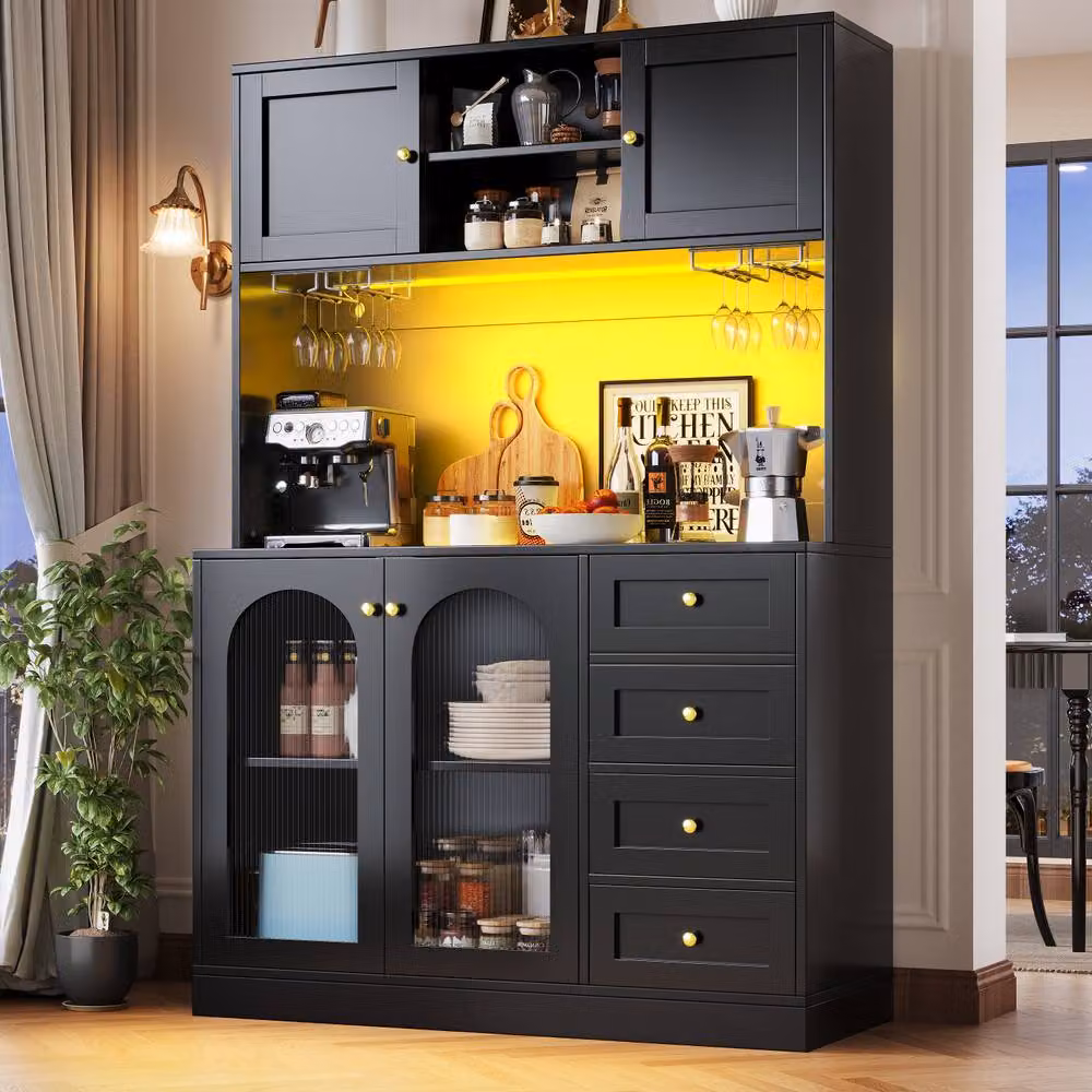 Merax Black Kitchen Dresser with LED Lighting, Glass Doors, Wine Glass Holder and 3 Drawers, W/D/H: 120 x 40 x 188 cm – 2