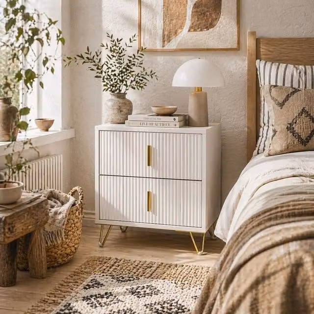 Wyld Haus Bapano White and Gold 2 Drawer Ribbed Bedside Table W/D/H: 40 x 40 x 47 cm