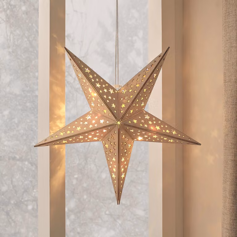 Lights4fun.co.uk Rustic Brown Wooden Geometric Star Hanging Christmas Decoration with Remote Control, H: 42.0 cm, W: 39.5 cm, D: 14.5 cm
