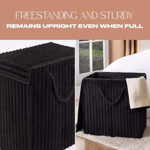 OHS Collapsible Ribbed Faux Fur Laundry Basket with Lid and Rope Handles, Black, W: 45 cm, D: 49 cm, H: 31 cm – 4