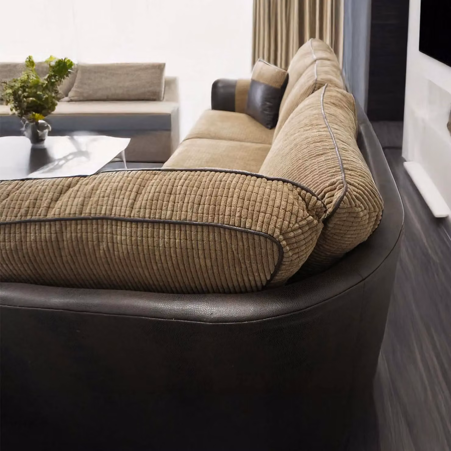 Furnishings For Less UK Portland 4 Seater L Shaped Corner Sofa in Beige Fabric and Synthetic Leather, Left Hand Facing – 3