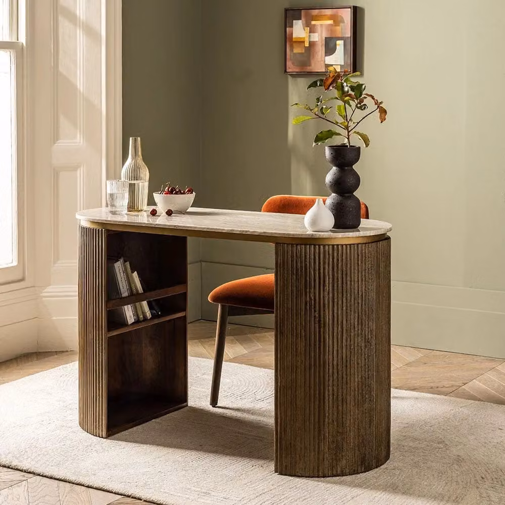 Atkin & Thyme Rondo Marble Writing Desk in White and Brown with Mango Wood, W/D/H: 120 x 50 x 76 cm