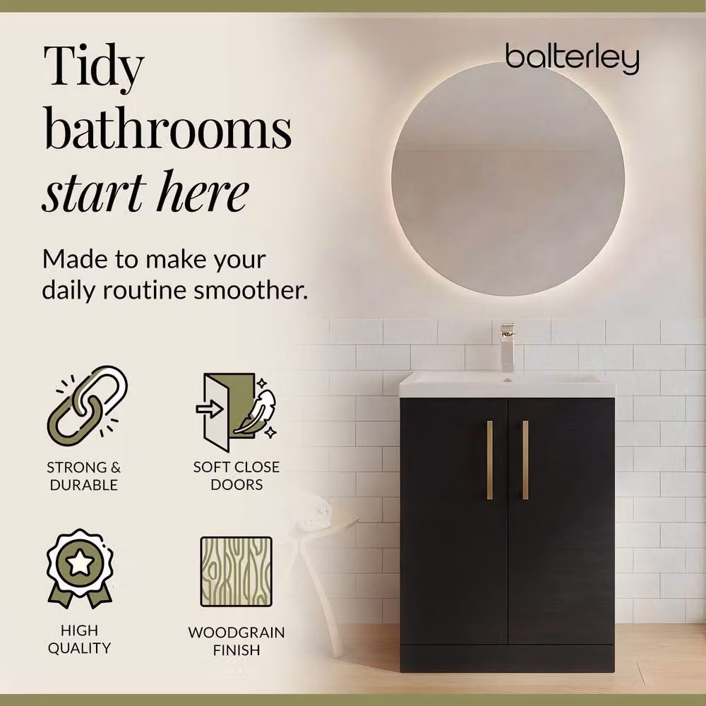Balterley Modern Black Wood Freestanding Bathroom Vanity Basin Unit with Soft Close Doors, W: 60 cm, H: 84 cm – 3