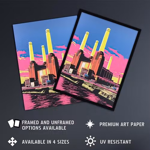 Artery8 Battersea Power Station Pop Art Wall Poster Print, Multicolour Pink, Yellow and Blue, W: 46.0 cm, H: 61.0 cm – 2