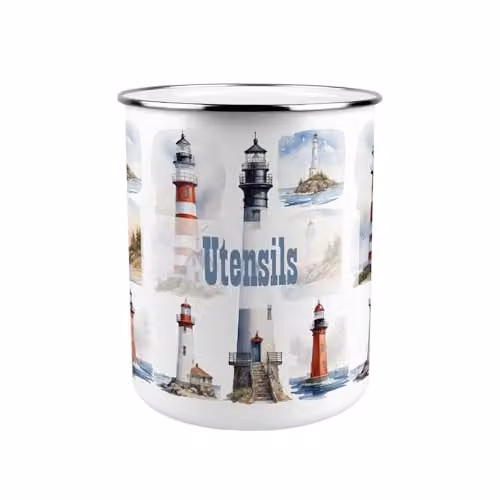 Purely Home Lighthouses Metal and Ceramic Kitchen Utensil Holder, Multicoloured and White, W: 18 cm, D: 16.5 cm, H: 16.5 cm