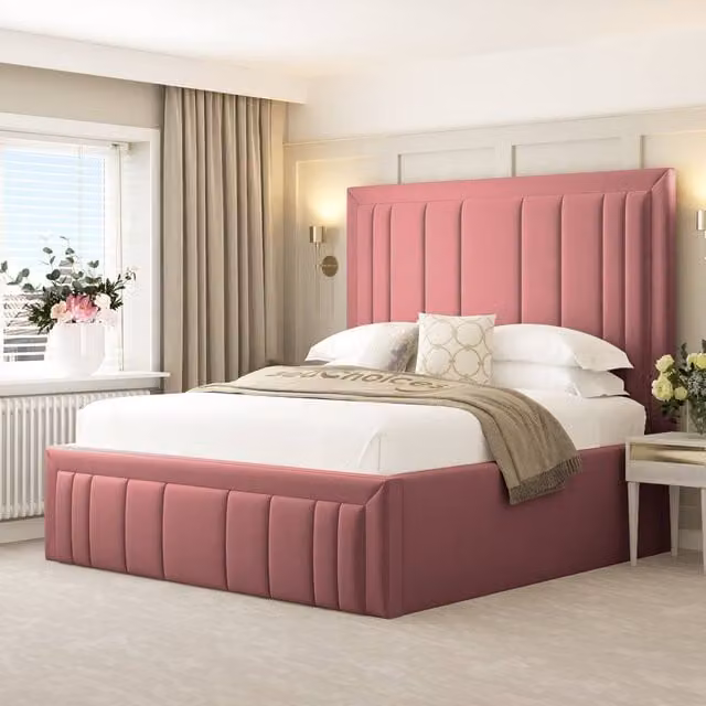 Bed Choices Emperor Upholstered King Size Bed Frame with Ottoman Storage and 54 inch Headboard in Pink Velvet