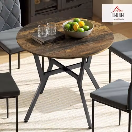 HOMCOM Round Dining Table with Black Metal Legs in Brown – 2
